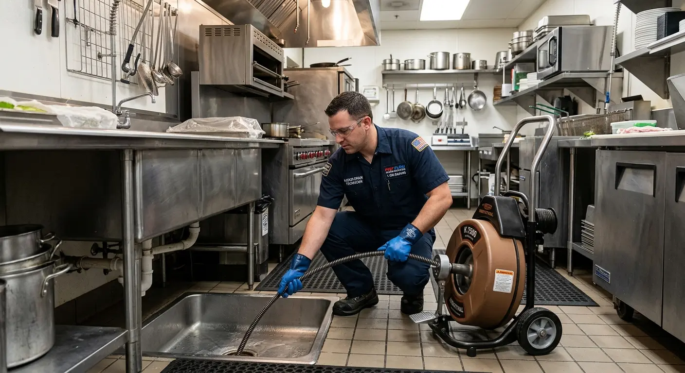 Commercial drain cleaning service in a restaurant kitchen in Cudahy