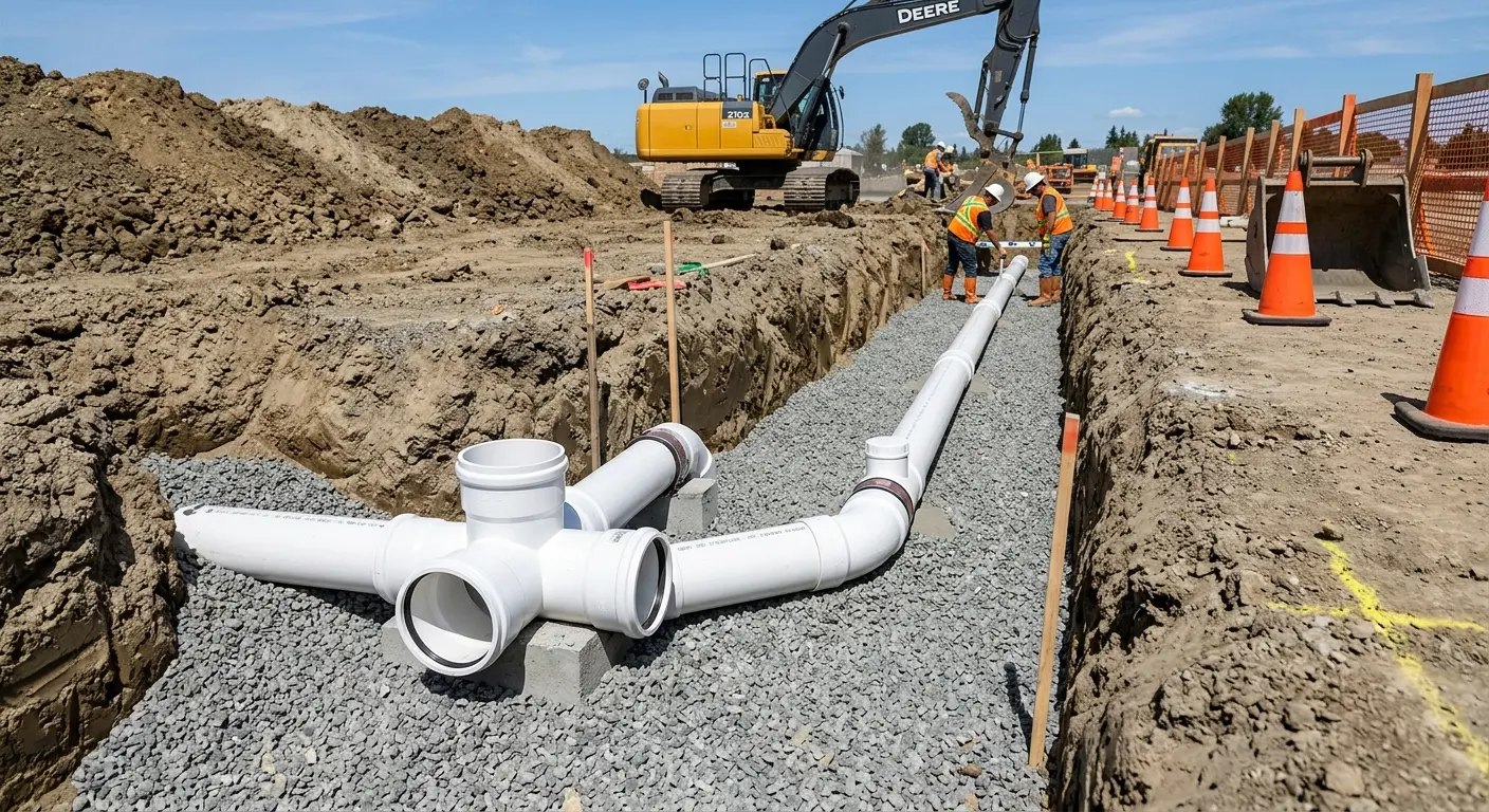New PVC sewer pipe installation in open trench for Commercial Drain Cleaning in Cudahy