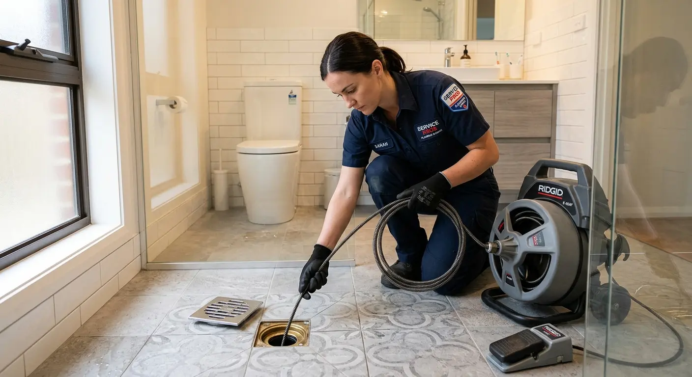 Technician clearing a bathroom floor drain for Clogged Drain Repair in Cudahy